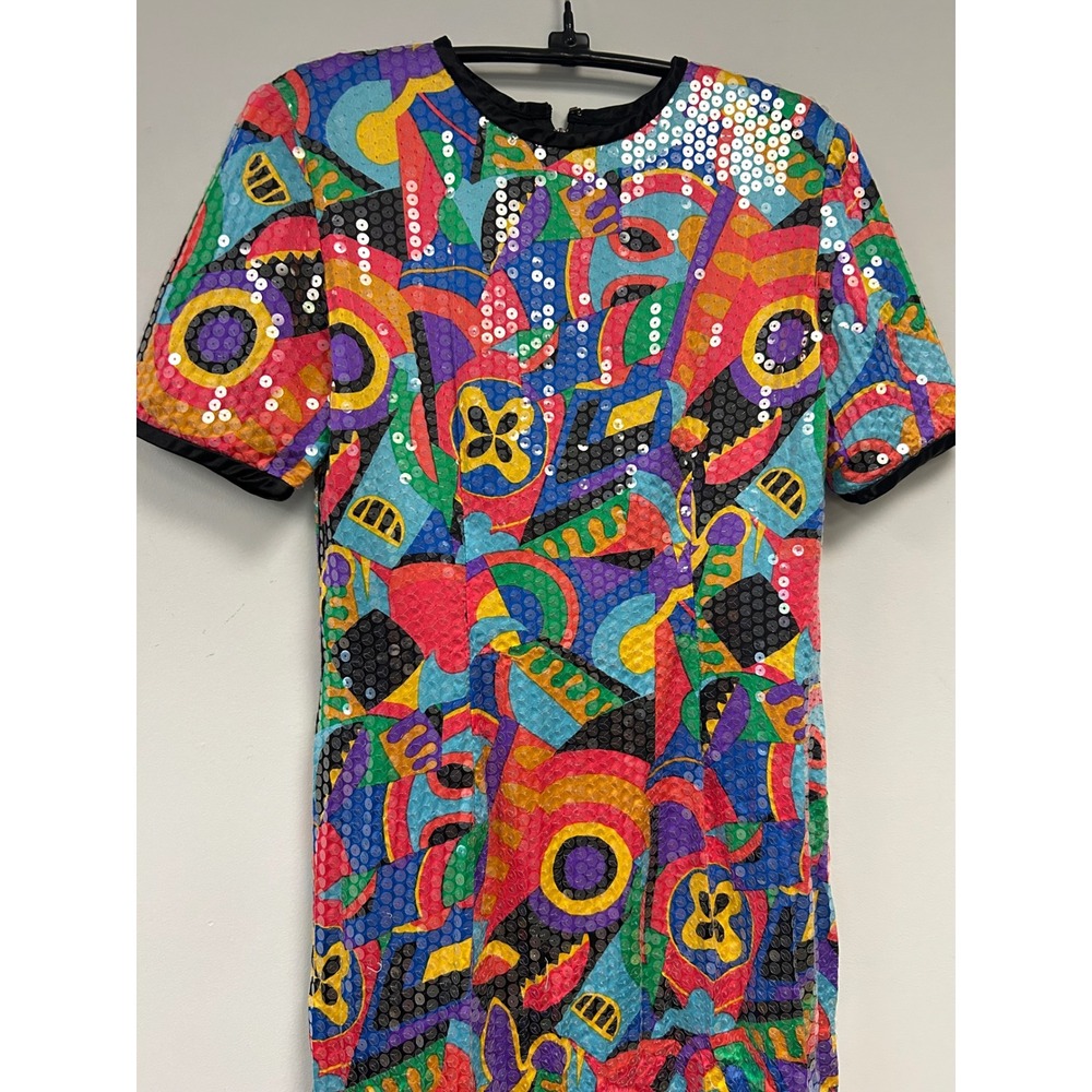 Vintage A.J. Bari Silk Sequin Dress Size 4 Abstract Geometric 80s Cocktail
